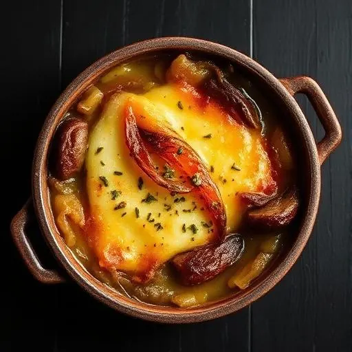 Soupe à l'oignon gratinée vue du dessus